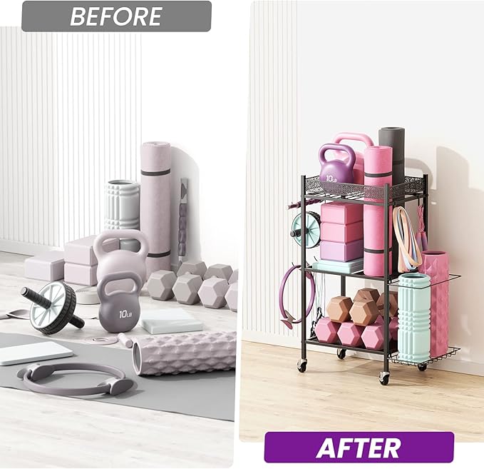 Yoga Mat Storage Rack, Home Gym Storage Rack, VOPEAK Workout Storage for Yoga Mat, Foam Roller, Gym Organizer Gym Equipment Storage for Home Exercise and Fitness Gear