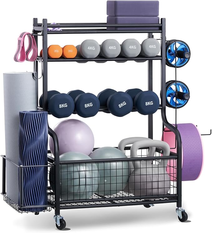 VEVOR Yoga Mat Storage Rack, Home Gym Workout Equipment Organizer, Powder Coated Finish Steel Yoga Mat Holder with Hooks & Wheels, Weight Rack for Dumbbell, Kettlebell, Foam Roller, and Yoga Strap