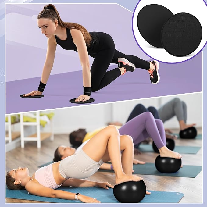 Poen 18 Pcs Home Pilates Ball and Ring Circle Set Yoga Fitness Essentials Kit with 5 Resistance Band Stretching Strap Non Slip Sock Ball Core Slider Wristband Headband Gym Bag for Women