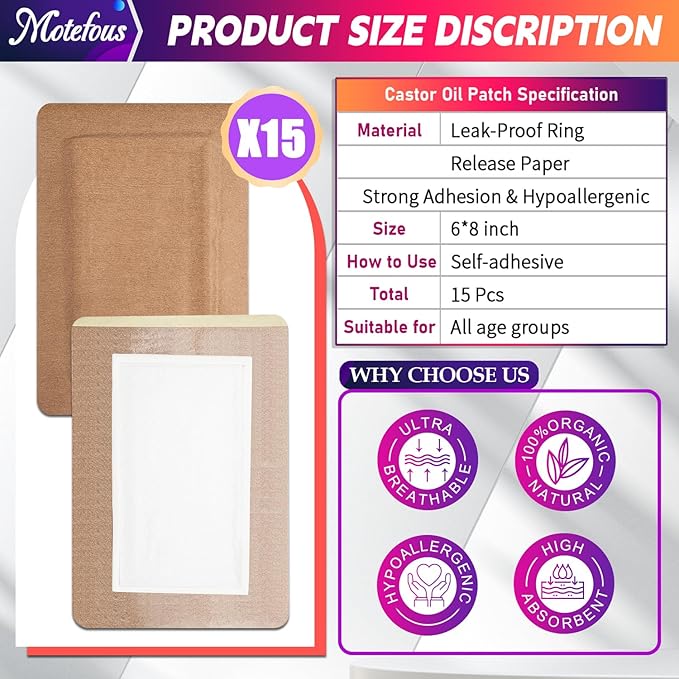 Castor Oil Pack Wrap Patch - Organic Cotton Castor Oil Belly Button Patch, Disposable Self-Adhesive Abdominal Pads, Portable Anti Leakage High Absorbent Patch for Multi-Area Use 15 PCS