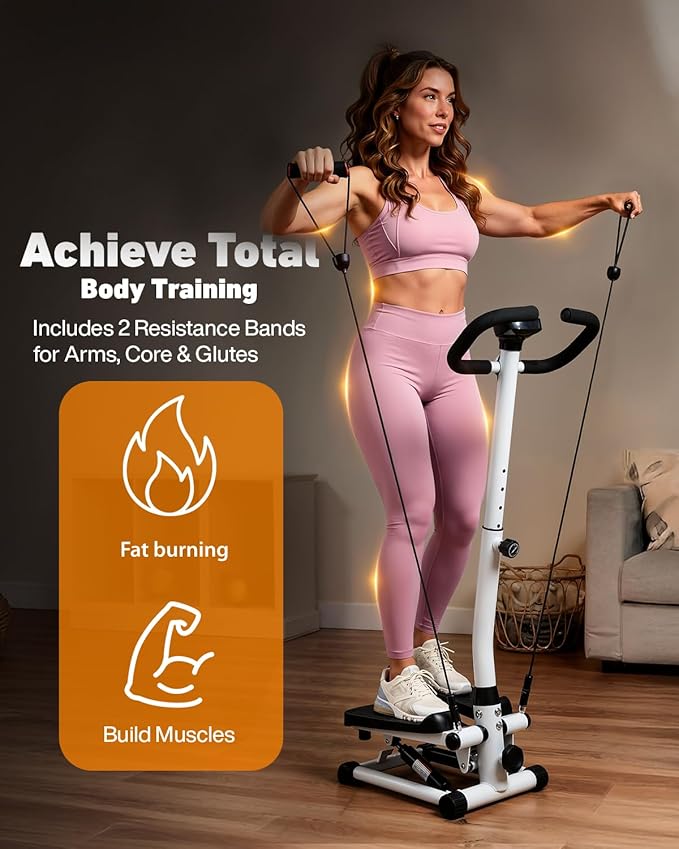 Mini Stair Stepper for Exercise at Home with Adjustable Handlebar & Resistance Bands,Quiet Compact Stair Stepper Machine,LCD Monitor,Portable Indoor Leg/Glute Cardio Fitness, White