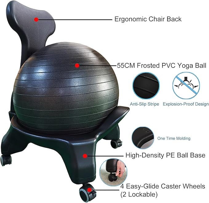 Ergonomic Office Chair Exercise Ball, Black Yoga Ball & Base Kit, 21.6inch Stability Ball Chair for Prolonged Sitting/Restless Legs Relief Adults, Fitness Ball Rolling Stool