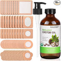 70 Pcs Castor Oil Pack with Castor Oil Organic Cold Pressed Glass Bottle 8oz, Cotton Caster Oil Wrap for Waist Back Neck Arm, Self-Adhesive for Convenient Use