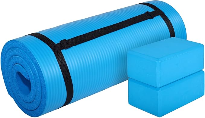 BalanceFrom 71x24 Inches Yoga Mat with Knee Pad and Optional Blocks – Extra 1-Inch Thick Non-Slip Foam with Anti-Tear Surface and Carrying Strap for Home, Studio, or Gym Workouts