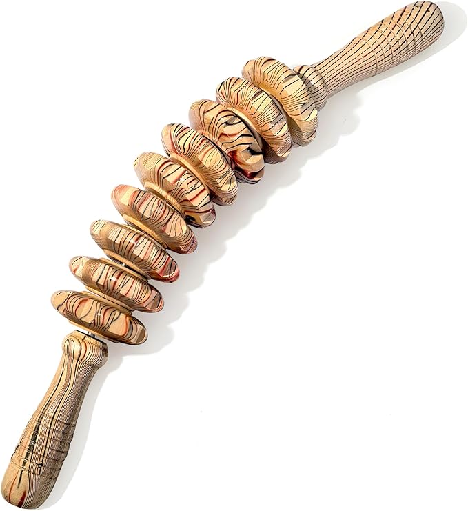 Wooden Curved Manual Massage Stick, 9 Roller Handheld Trigger Point Massager for Fascia, Cellulite, Muscle & Abdomen, Body Therapy Massager, Belly Relief Tool (Wood Grain)