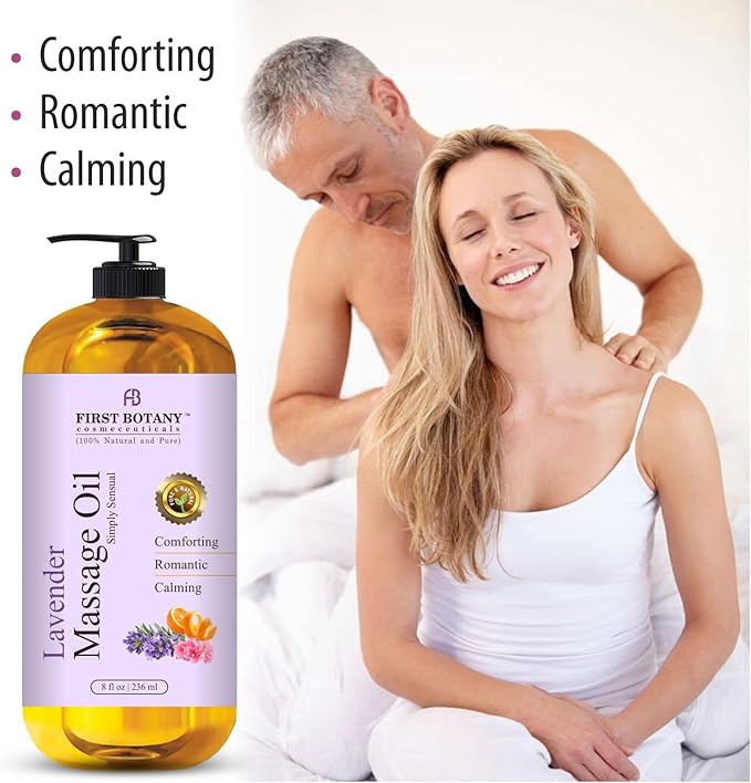 First Botany, Lavender Massage Oil for Couples, 100% Natural Full Body Massage Lotion & Massager, Ideal for use in Aromatic, Relaxing, Sensational Massage & for Aromatherapy for Men & Women, 8 fl oz