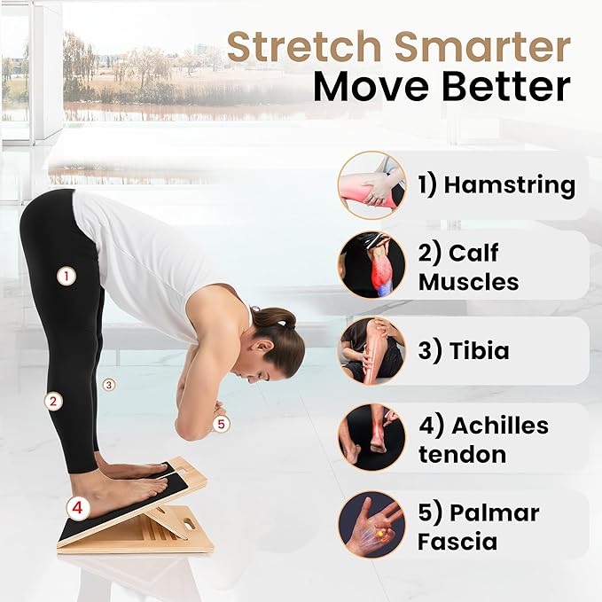 Adjustable Wooden Slant Board for Calf Stretching & Hamstring Flexibility – Professional Incline Calf Stretcher for Home Gym, Squats, Mobility & Rehab with Carry Bag, Loop Band & 2 Sand Papers