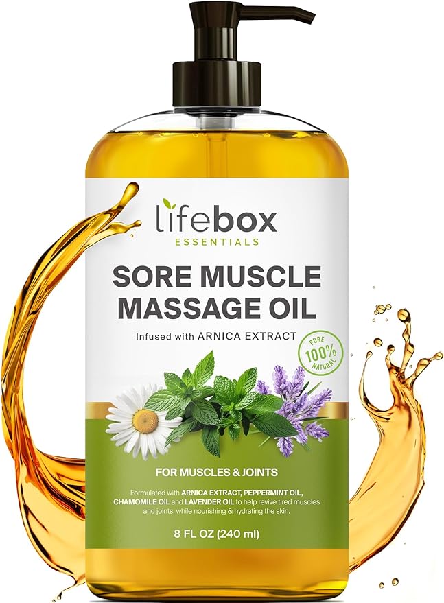 Arnica Sore Muscle Massage Oil – 100% Pure & Natural - Massage Therapy for Muscles & Joints – Body Oil Infused with Arnica Extract, Lavender, Peppermint & Chamomile Oils – 8 FL OZ