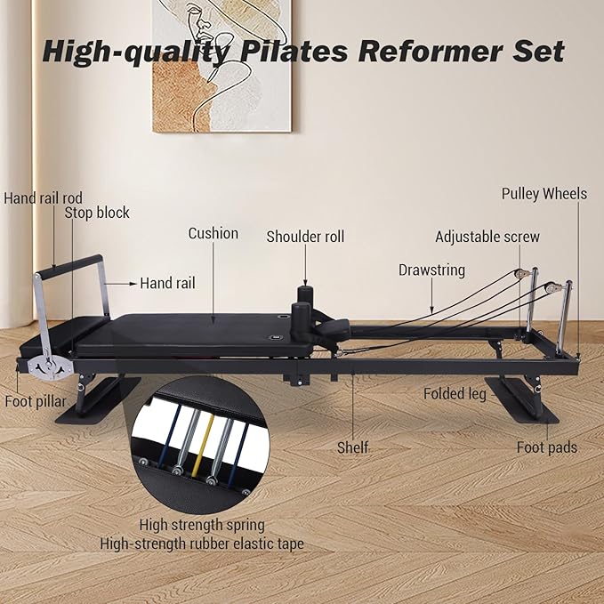 Pro Foldable Pilates Reformer Machine,91" Extra-Length Reformer Pilates for Home & Studio Use,Dual Resistance Springs & Elastic Resistance Bands,Adjustable for All Fitness Levels