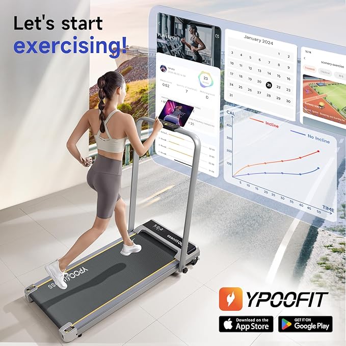Foldable Treadmill with Incline, Walking Pad with Handle Bar 3 Level Incline, Portable Folding Treadmills for Home/Office 300 Lbs Capacity, Quiet Desk Treadmill with Remote Control & APP