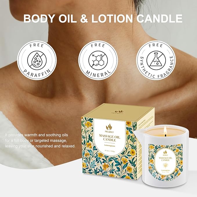 MELONY Massage Candle | Gentle Softening for Nourished, Hydrated, Balanced Skin | 230 g / 8.1 oz (Lemongrass)