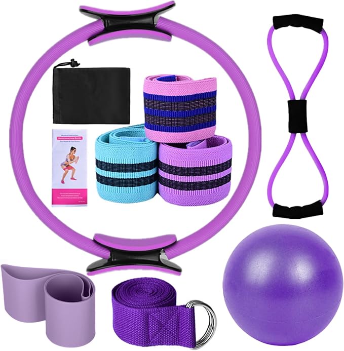 Yoga Sets for Women Pilates at Home Equipment Pilates Magic Ring Booty Bands for Working Out Glutes Yoga Ball 25cm Figure 8 Resistance Band Yoga Bands for Stretching