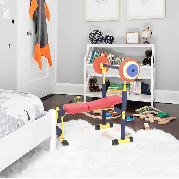 Redmon Fun & Fitness for Kids Adjustable Weight Bench Press Set w/ Barbell & Foam Weights