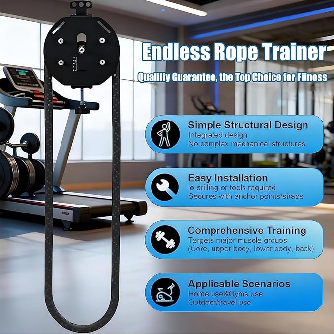 Endless Rope Trainer Adjustable Resistance Infinity Pulley System with Closed-Loop Nylon Rope Suspension Fitness Machine for Interval Strength
