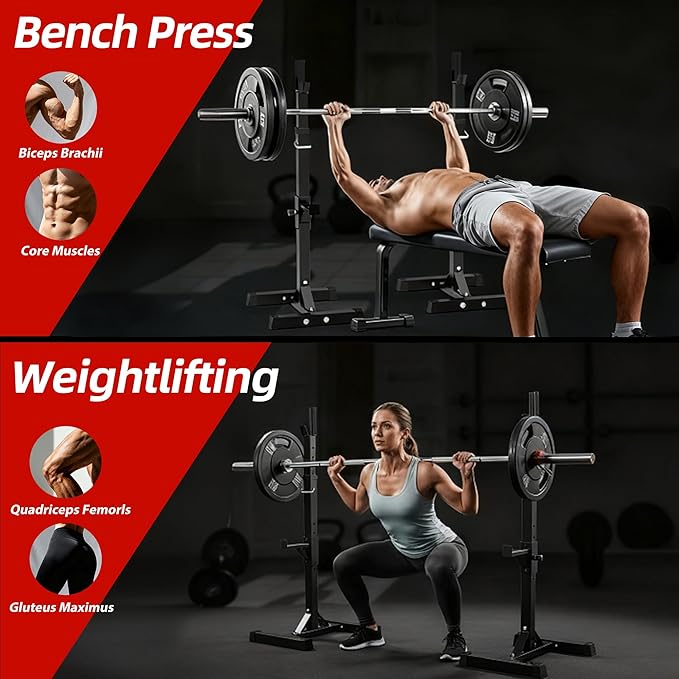 JupiterForce Adjustable Squat Rack Stands Pair of Sturdy Steel Bench Press Rack, Barbell Rack, 40''-66'' 550lbs Max Load Portable Weight Lifting Dumbbell Racks Stands for Home Gym, Black