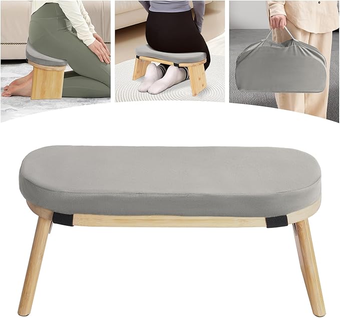 Meditation Prayer Bench, Portable Foldable & 5° Ergonomic Tilt Kneeling Meditation Yoga Stool with Cushion & Carry Bag for Home/Studio/Gym, Bamboo & Velvet Kneeling Stools (Grey)