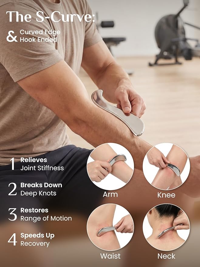 Rena Chris Gua Sha & Muscle Scraper Tool, Stainless Steel Face & Body Gua Sha Set for Lymphatic Drainage & Deep Tissue Massage, Travel Pouch & Guide Included (2-Piece Kit)