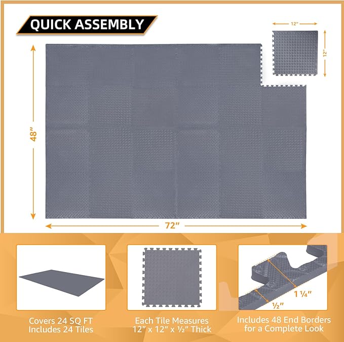 48 Pack - 1/2" Extra Thick Floor Exercise Mat for Home Gym Floor Padding for Kids - High-Density EVA Interlocking Foam Floor Tiles for Gym Equipment, Play Area, Yoga, Cardio, Weights, MMA
