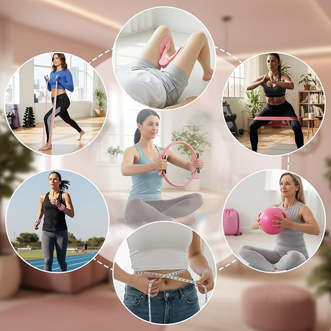 Pilates Kit for Women – All-in-One Home Workout Kit with Magic Circle, Resistance Bands, Mini Pilates Ball, Ankle/Wrist Weights, Carry Bag – Beginner Pilates Gift Set for Valentine's /Mother's Day