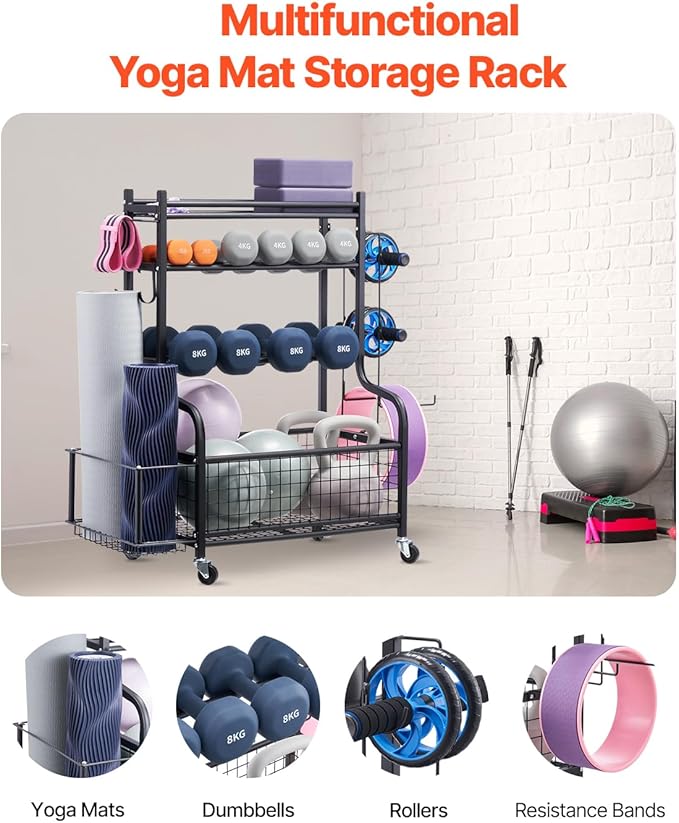 VEVOR Yoga Mat Storage Rack, Home Gym Workout Equipment Organizer, Powder Coated Finish Steel Yoga Mat Holder with Hooks & Wheels, Weight Rack for Dumbbell, Kettlebell, Foam Roller, and Yoga Strap