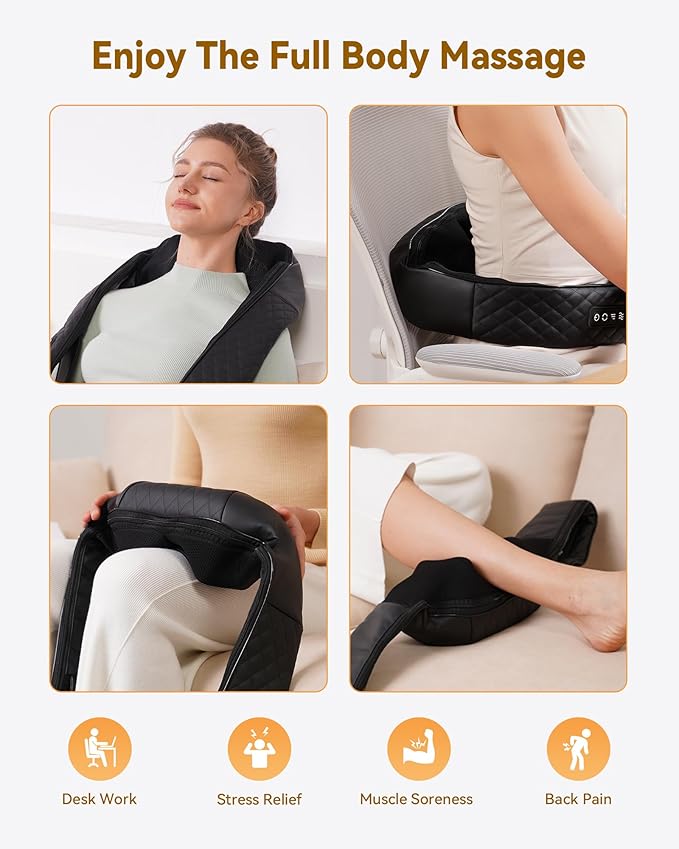 Neck Massager with Heat, Shiatsu Neck and Back Massager, 4D Deep Tissue Kneading for Neck,Back,Shoulder, Body Muscle Pain Relief, Leather Handbag for Storage, Gift for Men Women Mom Dad, Plug-in Use