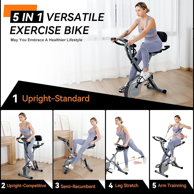 Foldable Exercise Bike Stationary Bikes for Home, 5 IN 1 Indoor Workout Bike, Cycling Bike with 16-Level Quiet Magnetic Resistance, 6.6 LBS Flywheel and 300LBS Capacity for Senior and Home Workout