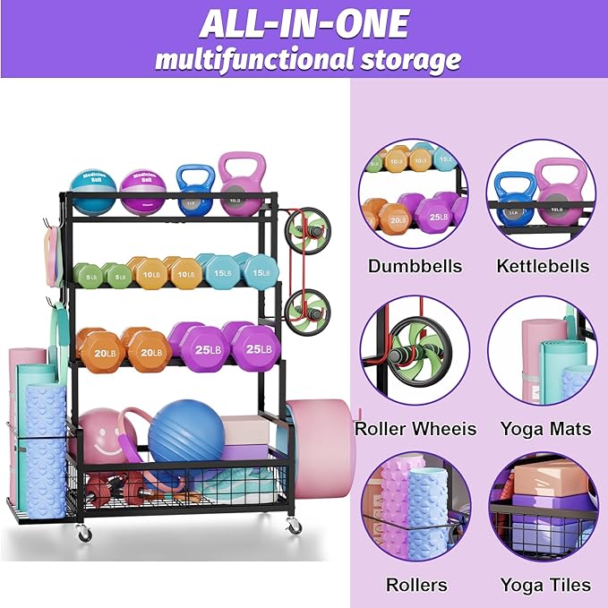 Dumbbell Rack,Home Gym Storage Rack,Total Weight Capacity 490 lbs,Weight Rack with Wheels/Strength Training Equipment Storage Rack with Hooks,Stores Dumbbells,Kettlebells,Yoga Mats