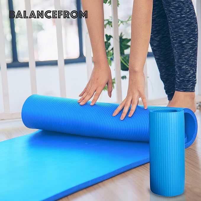 BalanceFrom 71x24 Inches Yoga Mat with Knee Pad and Optional Blocks – Extra 1-Inch Thick Non-Slip Foam with Anti-Tear Surface and Carrying Strap for Home, Studio, or Gym Workouts