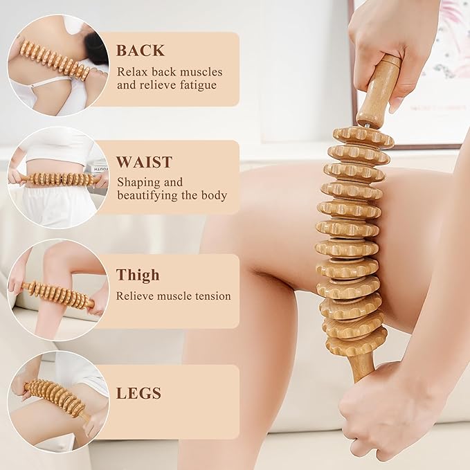 Wood Cellulite Massage Roller Wood Therapy Massage Tools Body Roller Fascia Blaster Lymphatic Drainage Massager for Legs Thighs Muscle Pain Relief(White 12-Wheel)