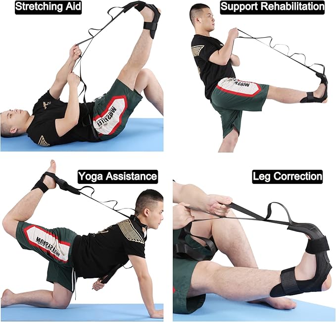 Foot and Calf Stretcher, Leg Stretcher, Hamstring Stretcher, Stretching Strap For Plantar Fasciitis, Heel Spurs, Foot Drop, Achilles Tendonitis, Included Bag and Massage Ball (Black)