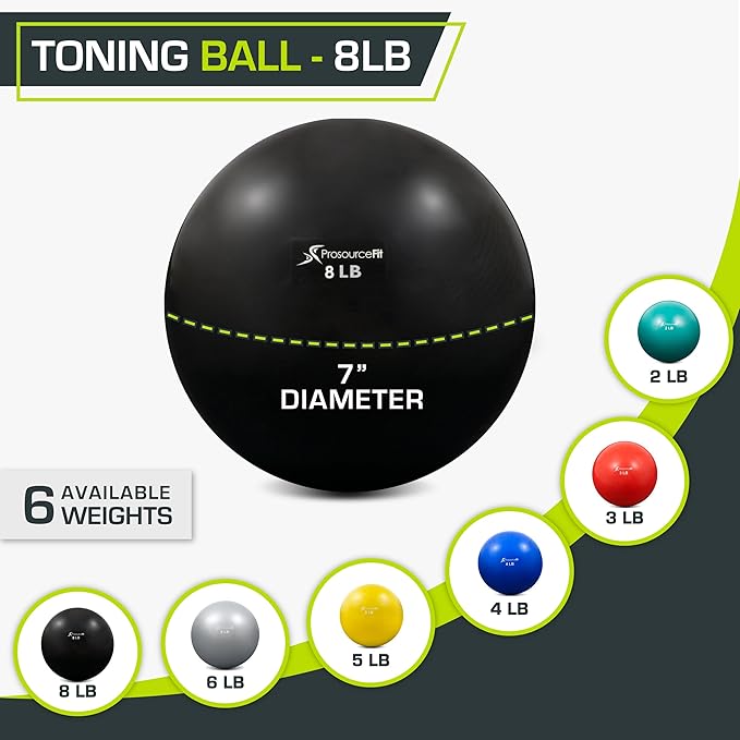 ProsourceFit Weighted Toning Exercise Balls for Pilates, Yoga, Strength Training and Physical Therapy, 2 lb to 8 lb, Color Coded
