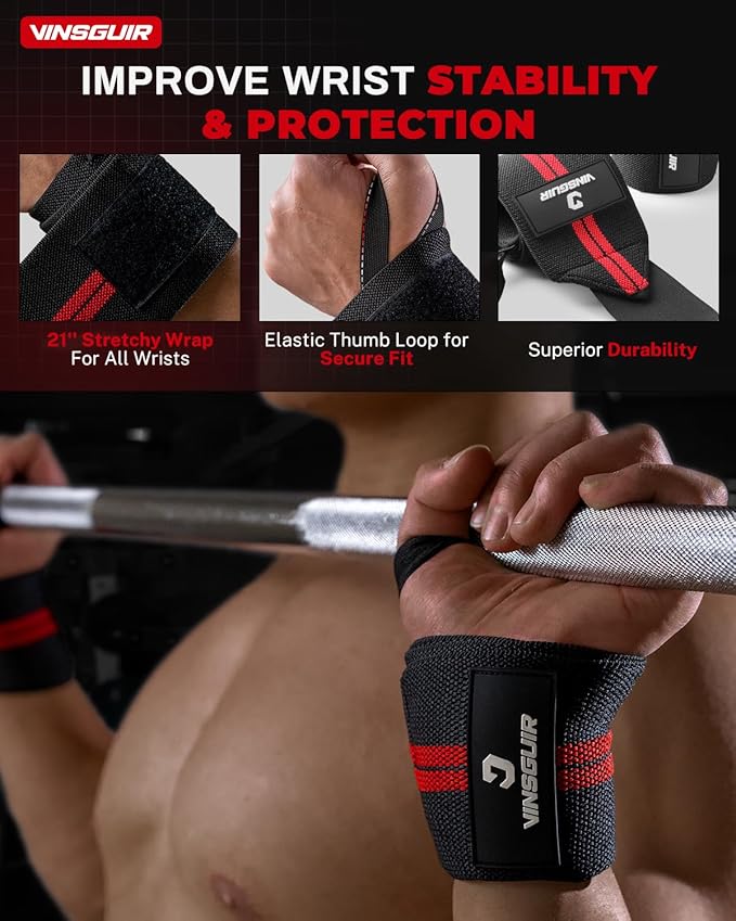 VINSGUIR 21'' Elastic Wrist Wraps for Weightlifting and Working Out(USPA Approved), Breathable Gym Wrist Sraps for Weightlifting with Thumb Loop and Left/Right Tabs, Wrist Brace for Wrist Support and Protection, Men and Women (Pair)