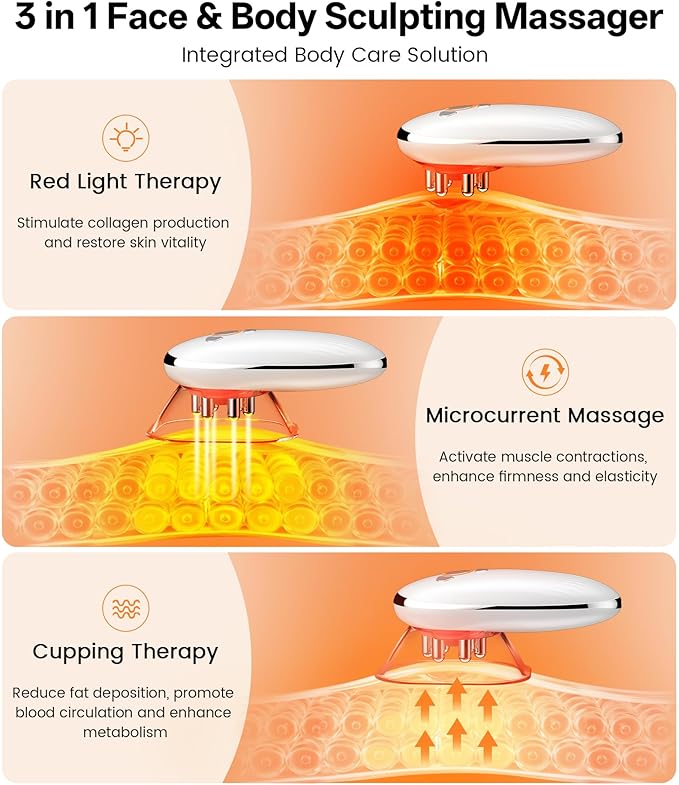 Body Sculpting Machine with Red Light Therapy for Face & Body, Cupping Therapy, Electric Cellulite Massage Tool with 2 Cups, Gift for Women, White