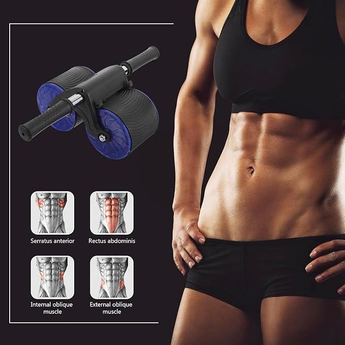 Toyvian Automatic Rebound Two-wheel Ab Roller with Knee Pad, Blue Abdominal Fitness Wheel for Home Gym Exercise and Belly Muscle Training