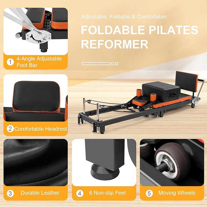 Pilates Reformer, Foldable Pilates Machine with Jump Board & Pilates Box (4 Springs & 5 Resistance Cords) for Home Gym Workout, Pilate Equipment Kit for Beginners & Advanced Users, Up to 500 LBS
