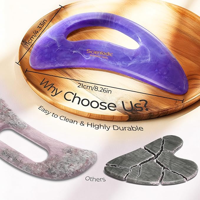 Scienlodic Gua Sha Massage Tool with Handle (Resin) Larger Guasha Body Scraping Tool for Back Legs Neck Massage, Lymphatic Drainage, Cellulite Remove - Large Light Purple
