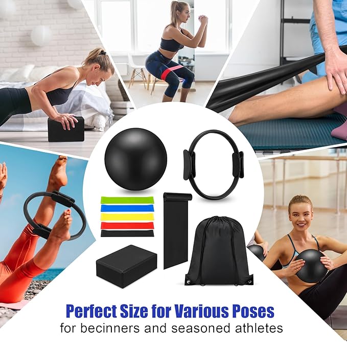 10 Pcs Home Pilates Ring Set for Women Yoga Equipment Accessories Pilates Ring Circle and Ball Workouts Gift Include Ball Yoga Circle Resistance Bands Block Straps Gym Bag