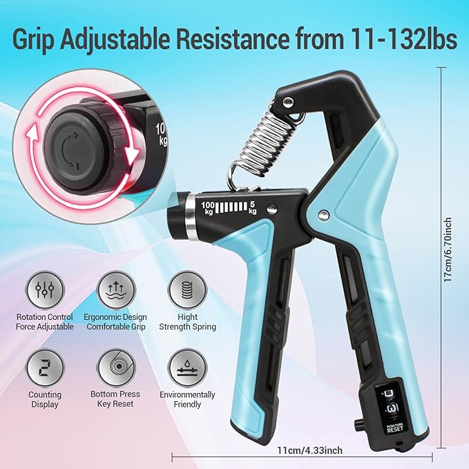 Hand Grip Strengthener - Adjustable Resistance 11-220Lbs Forearm Strength Trainer with Counting, Silicone Grip Ring & Hand Exercise for Quickly Increasing Wrist Forearm and Finger Strength Combo Set