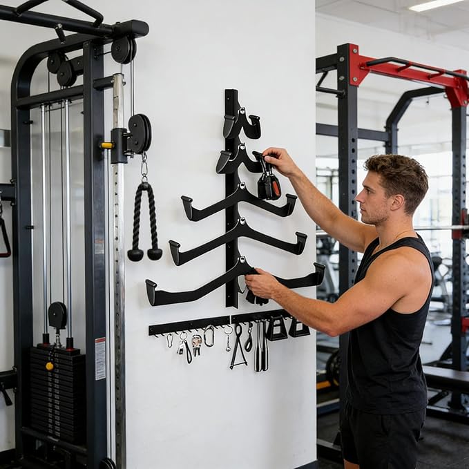 Pull Down Rack - Stainless Steel 96cm Wall Mounted | 5-Piece Gym Fitness Equipment Organizer | Lat Bar Cable Attachment Storage Holder | Home Garage Workout Strength Training Organization