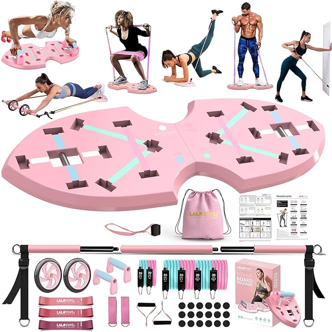 LALAHIGH Home Workout Equipment for Women, Multifunction Push Up Board, Portable Home Gym System with Resistance Bands,Ab Roller Wheel, and 20 Gym Accessories, Professional Strength Training Exercise