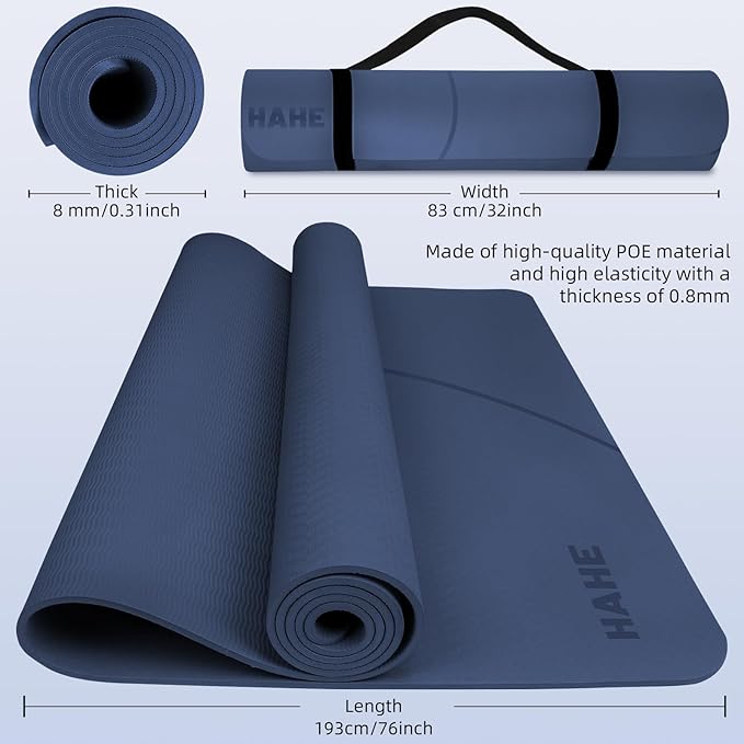 Large Yoga Mat Thick, 76"x32"x0.31"Wide POE Exercise Mat with Non-Slip Surface & Carry Strap, Anti-Tear Workout Mat for Yoga, Pilates, Fitness