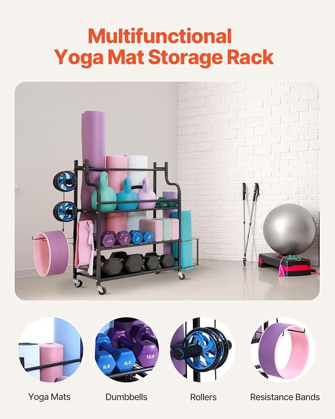 VEVOR Yoga Mat Storage Rack, Home Gym Workout Equipment Organizer, Powder Coated Finish Steel Yoga Mat Holder with Hooks & Wheels, Weight Rack for Dumbbell, Kettlebell, Foam Roller, and Yoga Strap