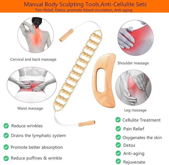 Wood Therapy Massage Tools，Handmade Wood Back Massage Roller Rope Tool,Maderoterapia Kit Body Sculpting Tools for Relax Muscles
