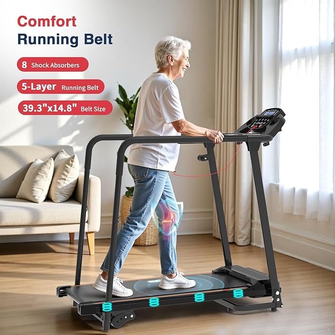 Redliro Walking Treadmill for Seniors - Foldable Senior Treadmill with 0%-2% Incline, Long Handrails - 300 lbs Capacity Home Recovery Fitness Exercise Machine for Elder, Mute & Qucik Speed Button