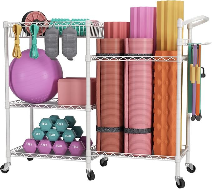 SINGAYE Dumbbell Rack Stand With Yoga Mat Storage, Gym Equipment Organizer, Cart for Workout Room, Home Gym With Hooks and Wheels