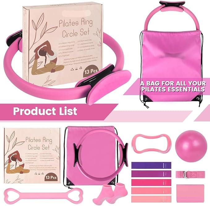Home Pilates Essentials Kit for Women - Complete Pink Equipment Set with 9 Inch Yoga Ball, Figure 8 Resistance Band, Bands & Accessories, Ring for Beginners Workouts