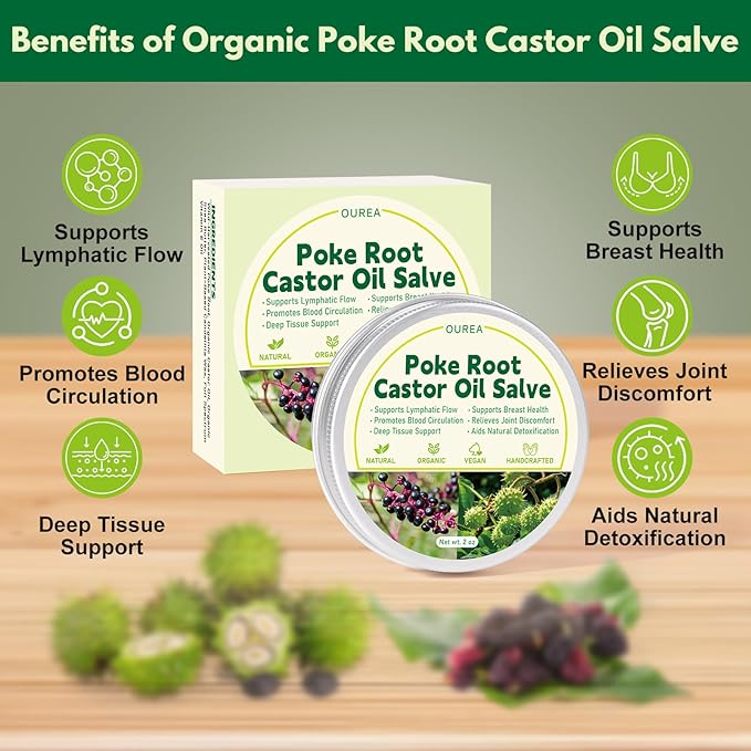 Poke Root Castor Oil Salve, Organic Lymphatic Support Massage Balm, Deep Tissue Ointment for Cyst, Boils, Breast, Fibroids, Swollen Lymph Nodes & Joint, Natural, Vegan - 2 Oz