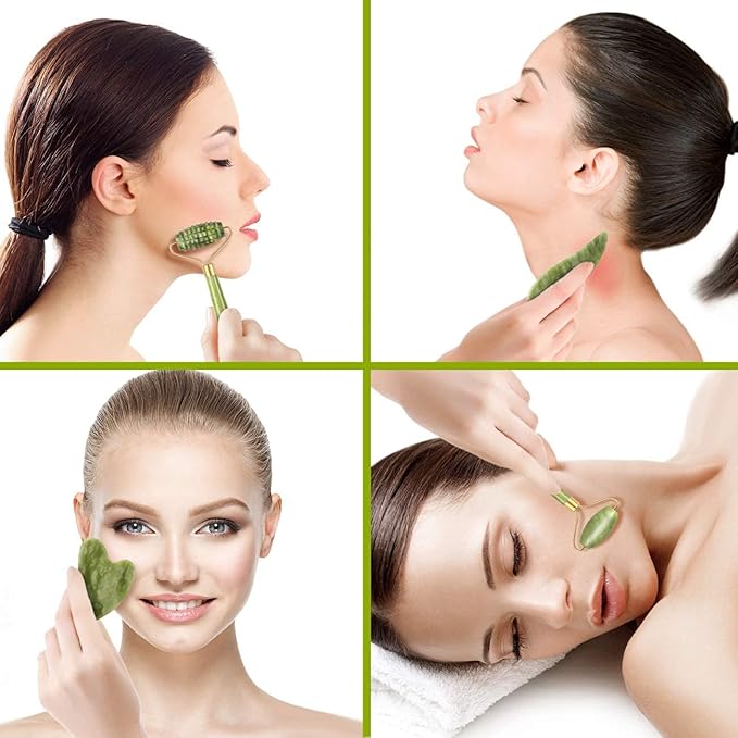 4-pcs Jade Roller & Gua Sha Set, Facial Roller Massager with Gua Sha Scraping Tool, Jade Stone Massager for Anti-aging, Slimming & Firming, Rejuvenate Face and Neck, Remove Wrinkles & Eye Puffiness