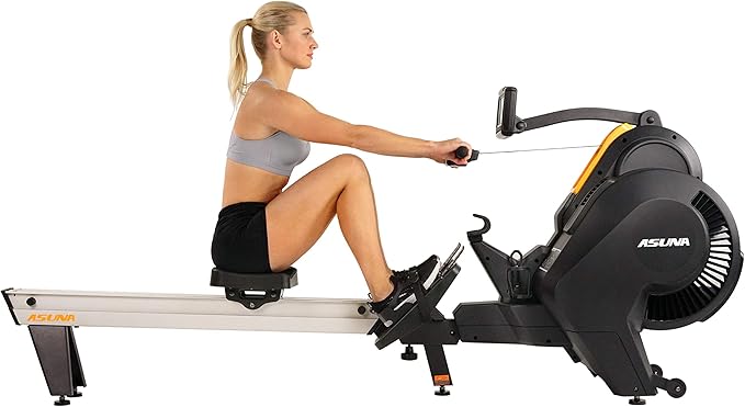 Sunny Health & Fitness AeroForce Fan Rower, Commercial Grade Rowing Machine with Performance Monitor, Long Foldable Rail for Home Cardio Training, Optional Dual Resistance