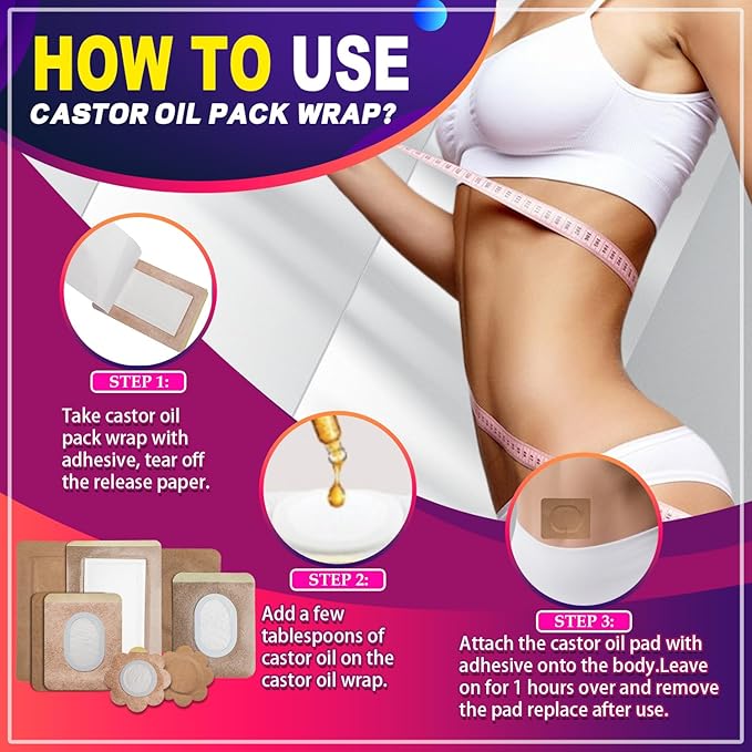 Castor Oil Pack Wrap Patch - Organic Cotton Castor Oil Belly Button Patch, Disposable Self-Adhesive Abdominal Pads, Portable Anti Leakage High Absorbent Multiple Sizes Patch for Multi-Area Use 30Pcs